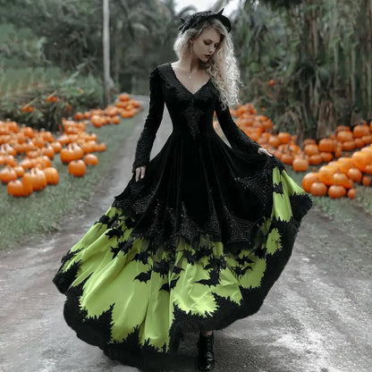 Women's  Halloween Black Rose With Bats Art Comfy Velvet V Neck Maxi Dress