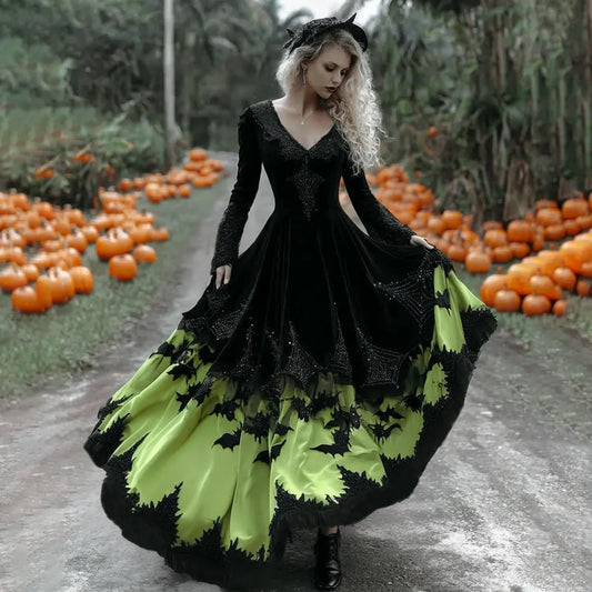 Women's  Halloween Black Rose With Bats Art Comfy Velvet V Neck Maxi Dress