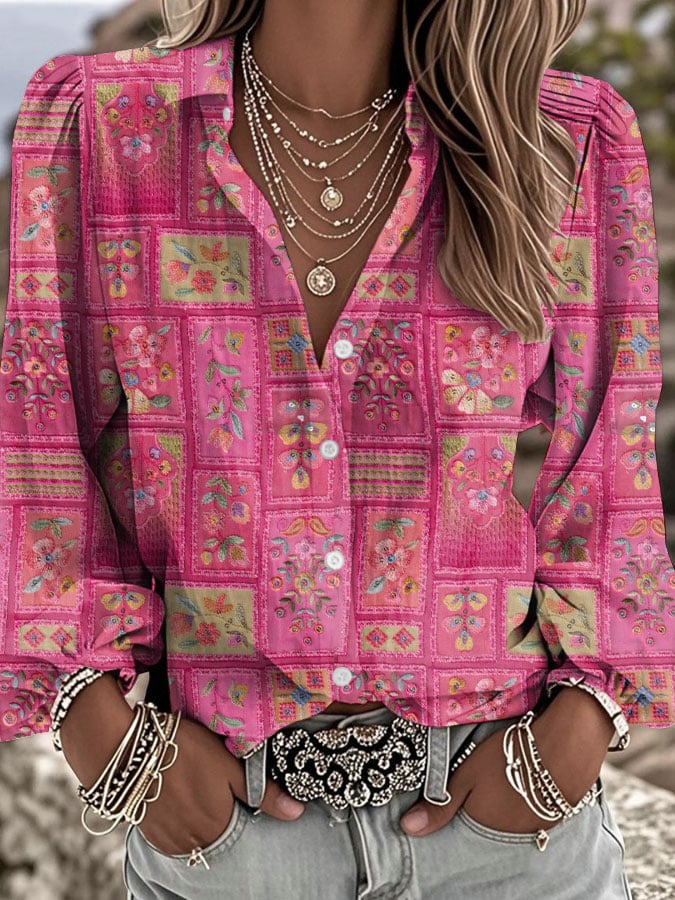 Women's Vintage Pink Floral Print Lapel Shirt