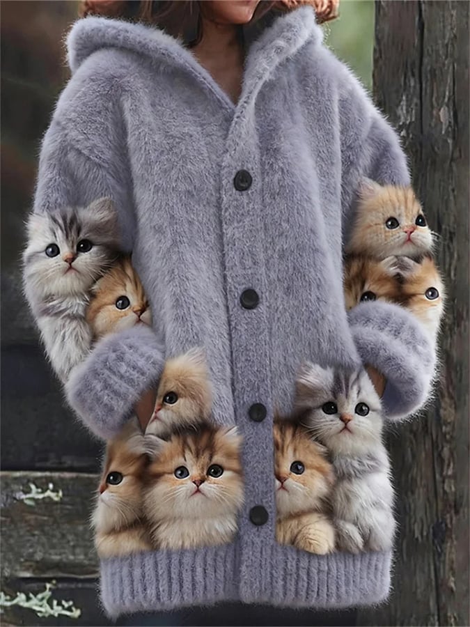 Women's Retro Cats Print Casual Mid-Length Hooded Cardigan