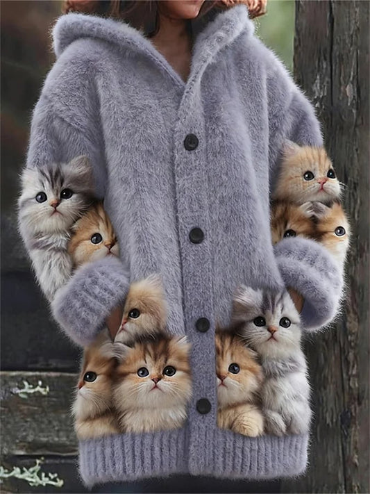 Women's Retro Cats Print Casual Mid-Length Hooded Cardigan