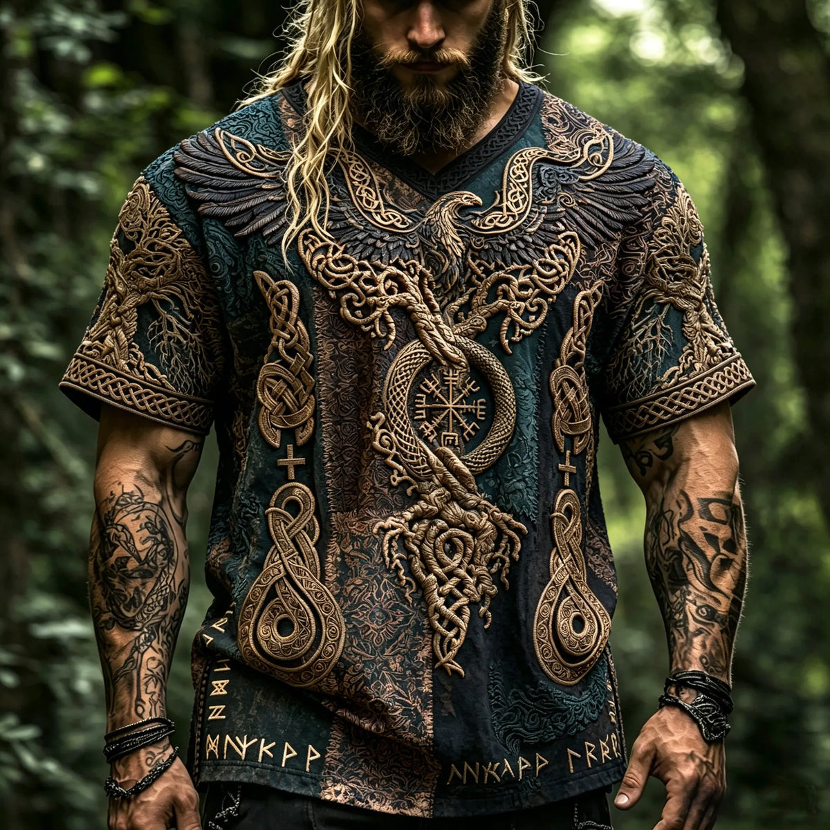 Men's Dark Teal Viking Raven Eagle 3d Embroidery T-shirt, Norse Compass Vegvisir Serpent Celtic Knot Patchwork V Neck Short Sleeve Casual Tee