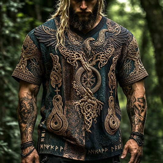 Men's Dark Teal Viking Raven Eagle 3d Embroidery T-shirt, Norse Compass Vegvisir Serpent Celtic Knot Patchwork V Neck Short Sleeve Casual Tee