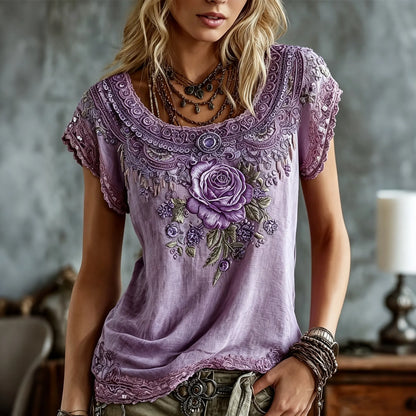 Women's Vintage Rose Embroidery Art Short Sleeve Linen Blend T-shirt