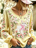 Women's Retro Breast Cancer Floral Print Long-Sleeved Top