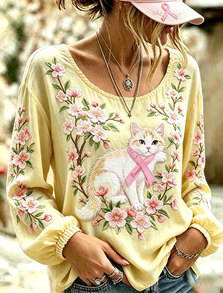 Women's Retro Breast Cancer Floral Print Long-Sleeved Top