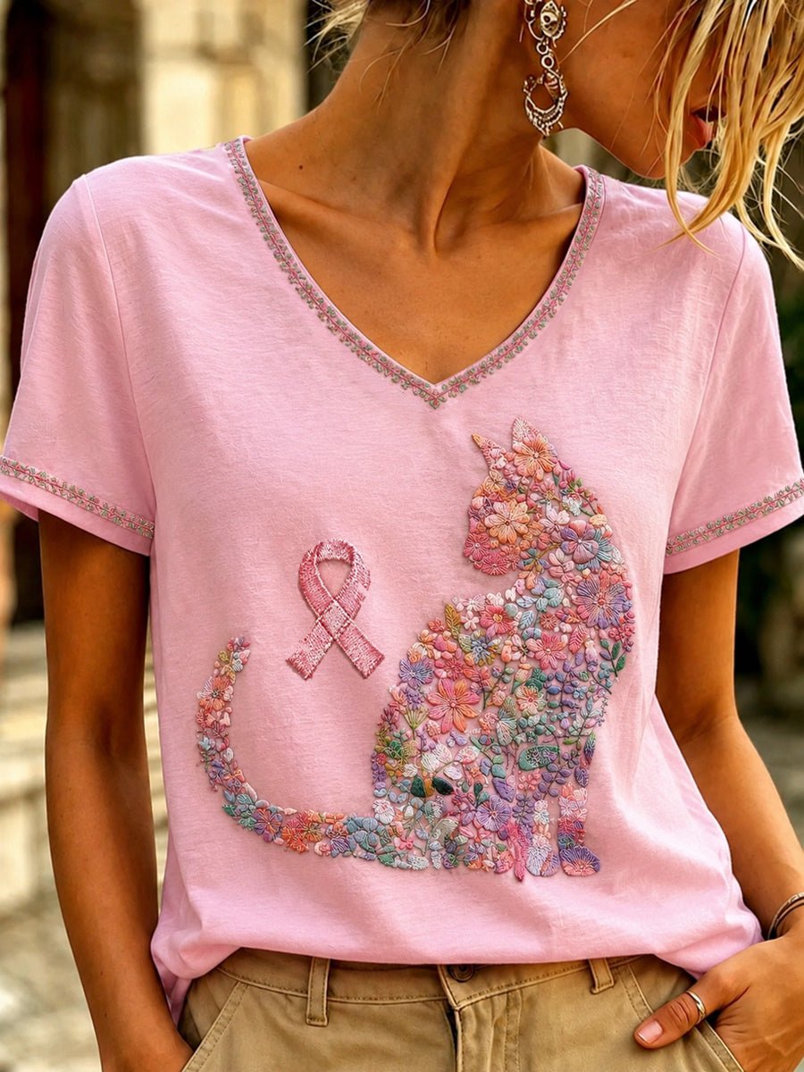 Women's Cat Breast Cancer Awareness Short-Sleeved T-Shirt