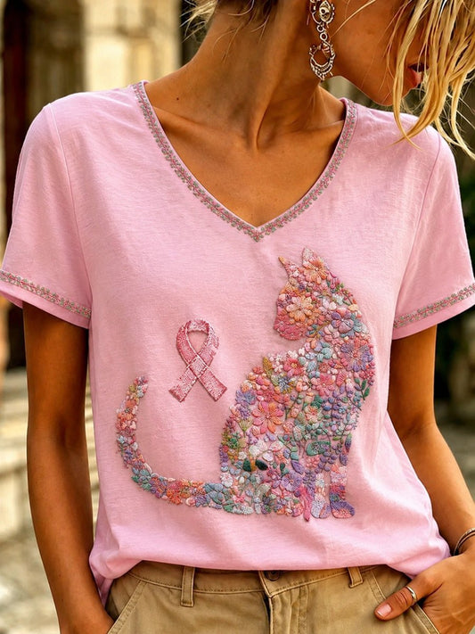 Women's Cat Breast Cancer Awareness Short-Sleeved T-Shirt