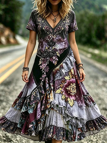 Dark Purple 3d Rose Patchwork Asymmetrical Maxi Dress Women's Y2k Short Sleeve V Neck Bohemian Dress