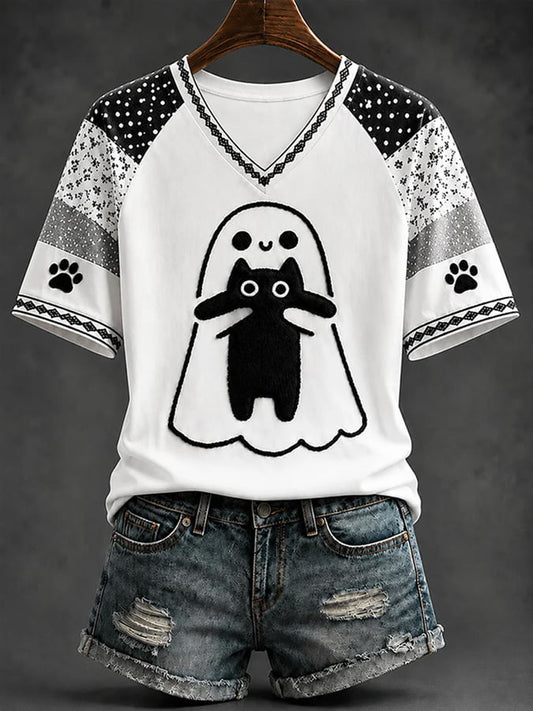 Women's Fun Black Cat Casual Print T-shirt