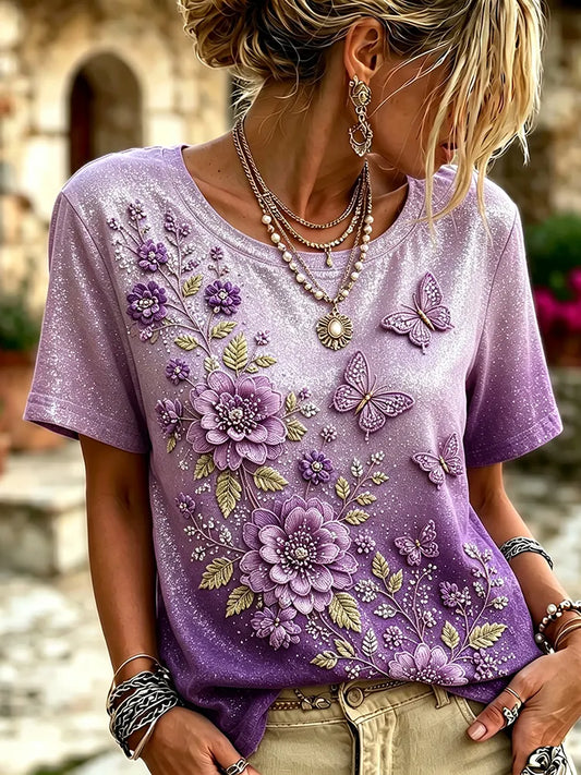 Women's Vintage Floral And Butterfly Embroidery Art Round Neck Short Sleeve T-shirt