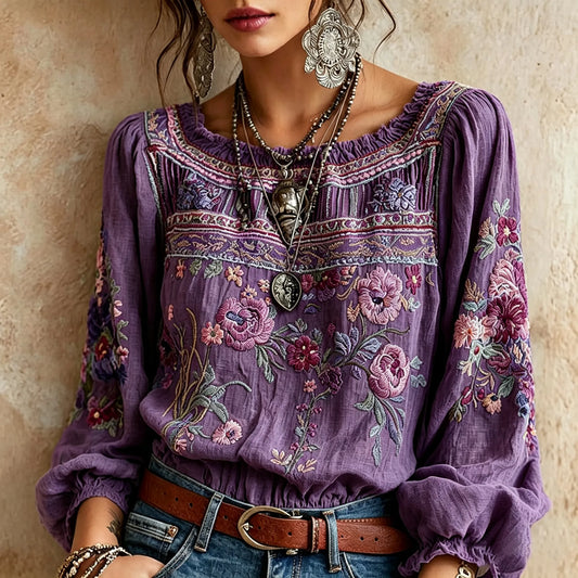 Vintage Classy Gradient Purple Floral Art Linen Blend Loose Long Sleeve Shirt