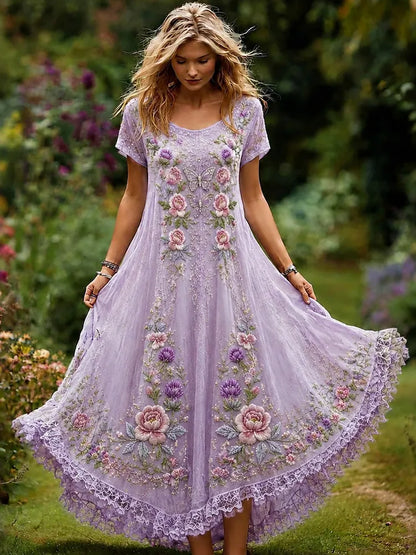 Women's Vintage Floral And Butterfly Embroidery Art Flowy Short Sleeve Maxi Dress