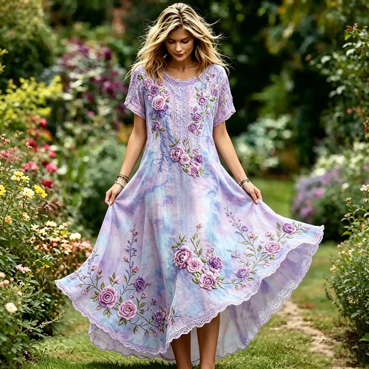 Women's Vintage Floral Pattern Linen Blend Casual Maxi Dress
