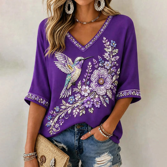 Women's Purple Floral & Hummingbird Print Alzheimer's Awareness V-neck T-shirt