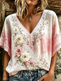 Women's Retro Breast Cancer Floral Print Long-Sleeved Top