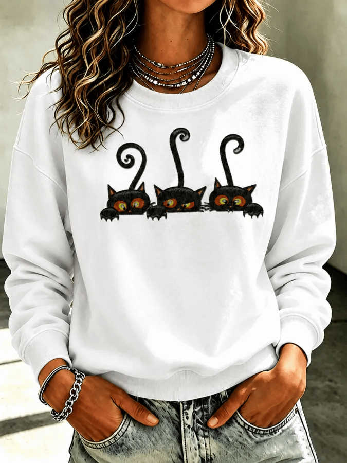 Women's Halloween Cat Print Sweatshirt