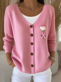 Women's pink embroidered floral print knitted cardigan