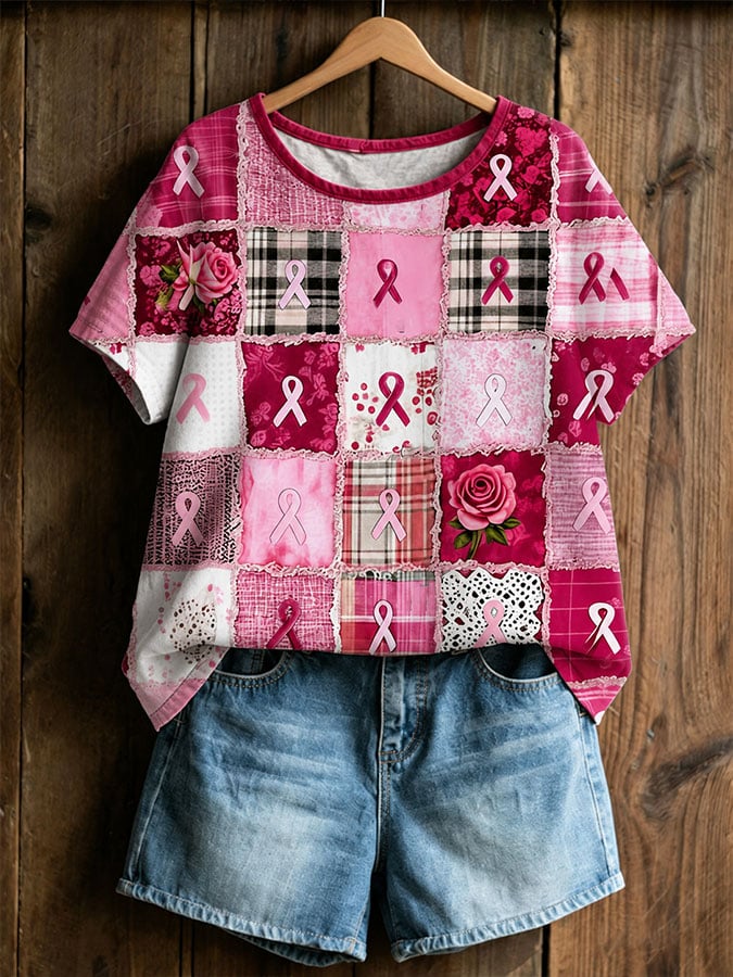 Women's Retro Breast Cancer Floral Print Top