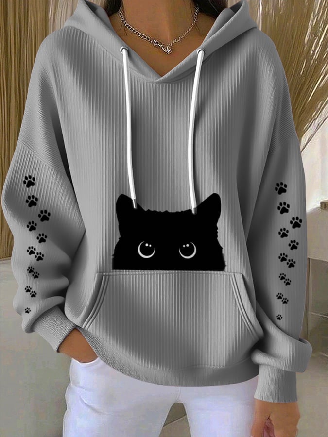 Women's Casual Black Cat Textured Hoodie