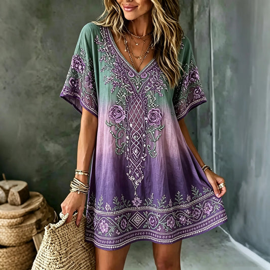 Women's Vintage Celtic Knot Floral Art Flowy Casual V-neck Linen Dress