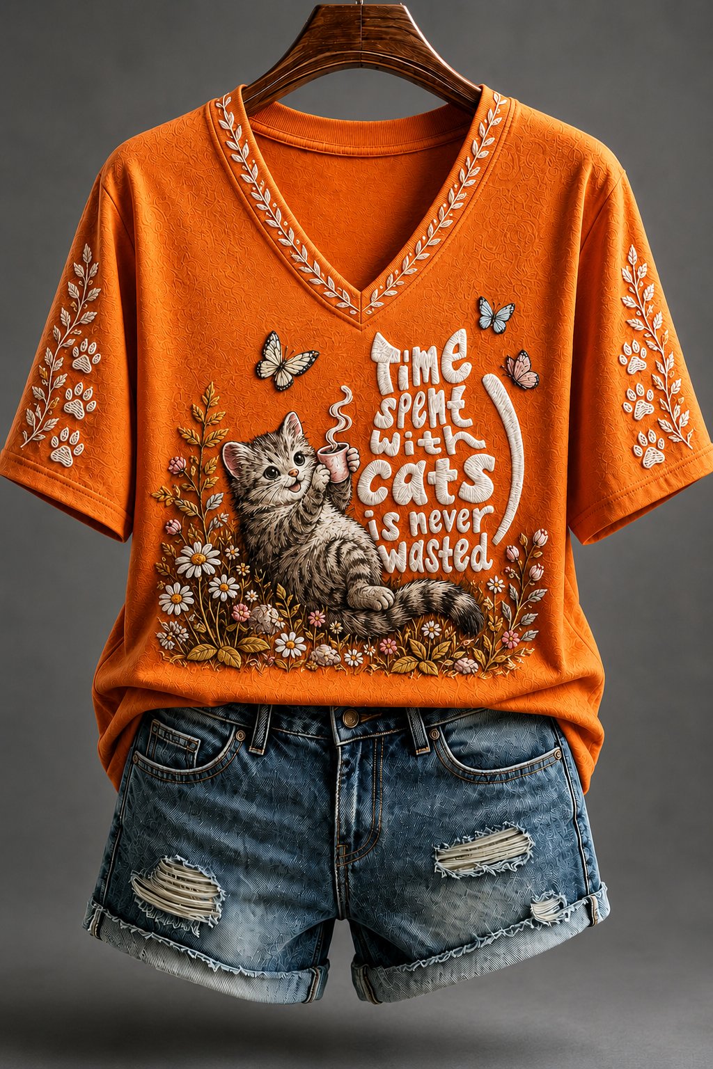 Women's Cat Print V-Neck Top