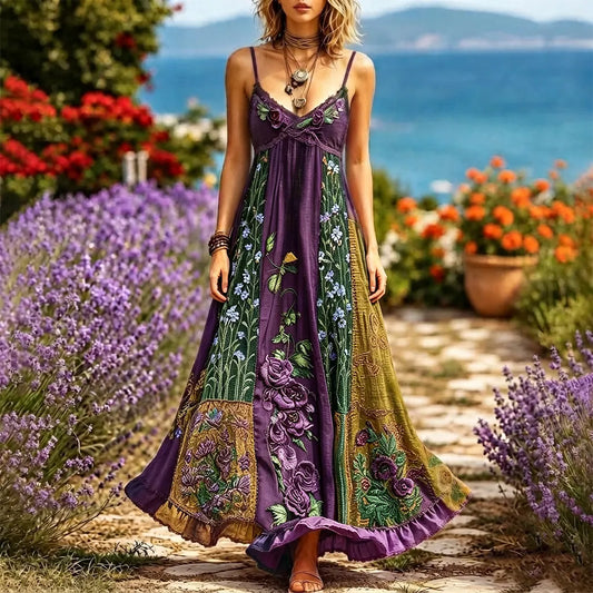 Women's Vintage Rose And Forget-me-not Floral Pattern Casual Cotton Linen Sleeveless Dress