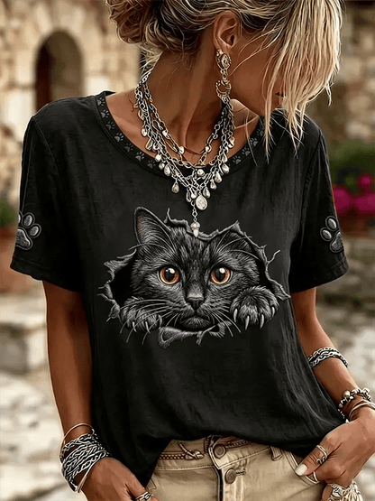 Women'S Casual Cat-Print Top