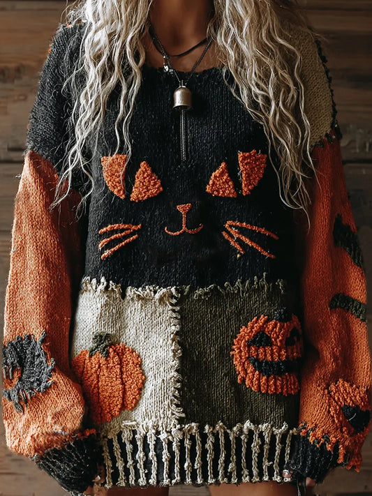 Halloween Cute Cats With Halloween Pumpkin Cozy Knit Sweater