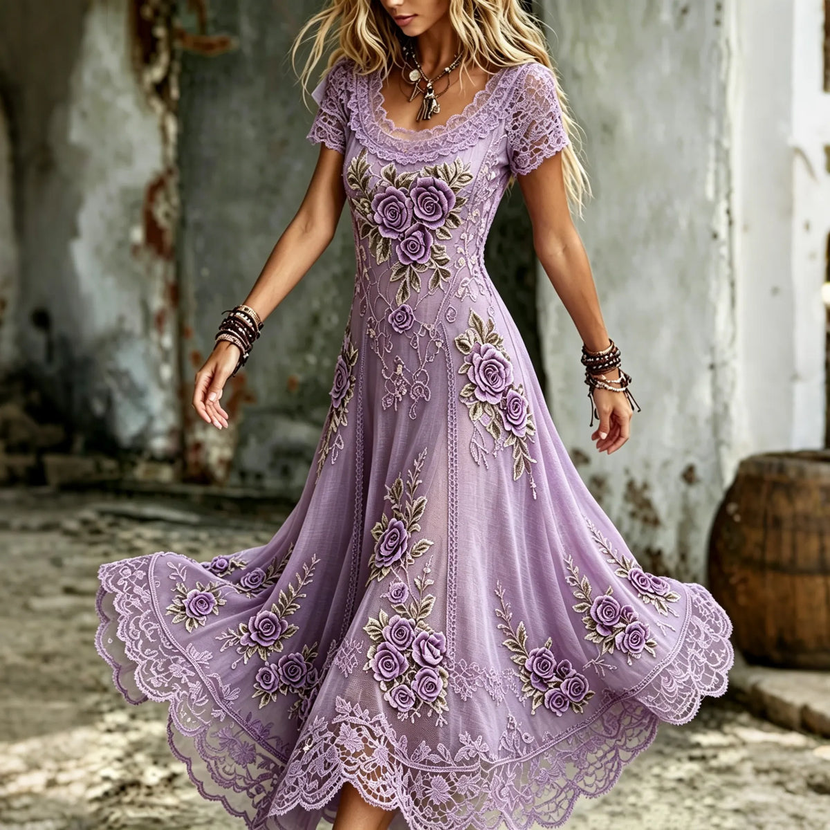 Women's Vintage Purple Floral Art Cotton Linen Short Sleeve Dress