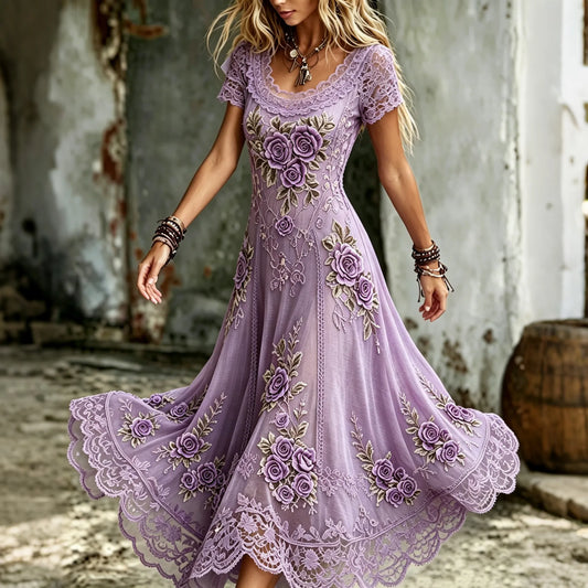 Women's Vintage Purple Floral Art Cotton Linen Short Sleeve Dress