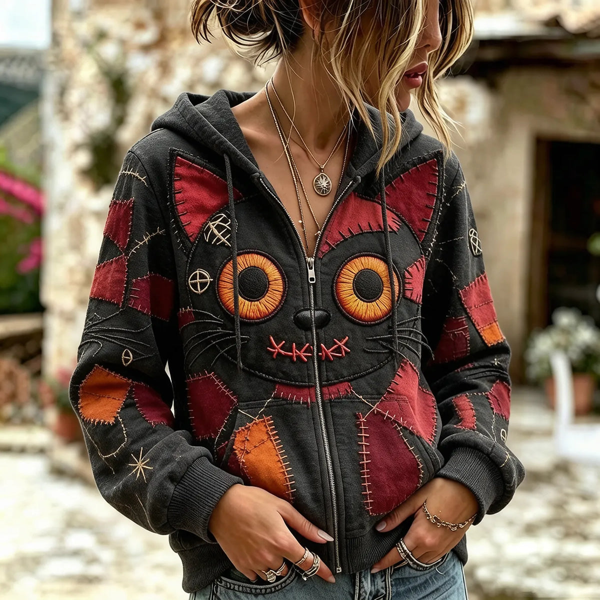 Women's Halloween Gothic Vintage Stitched Cat Monster Patchwork Art Comfy Zipper Hoodie