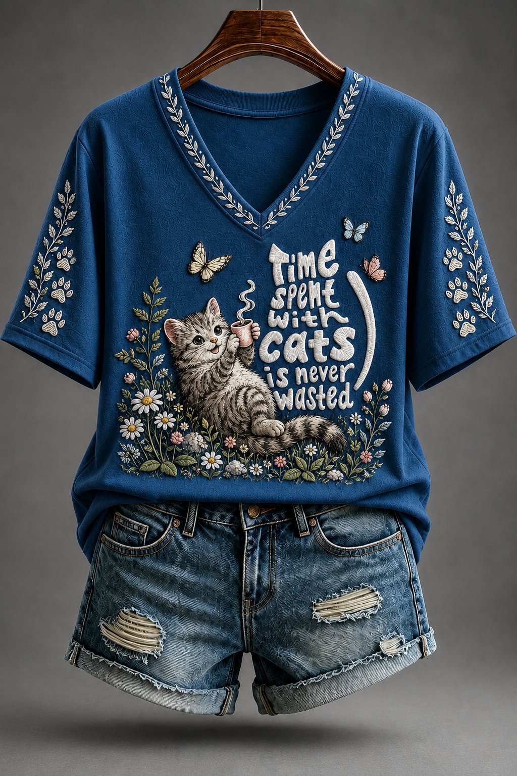 Women's Cat Print V-Neck Top