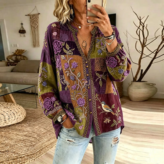 Women's Retro Purple Floral And Bird Patchwork Casual Shirt