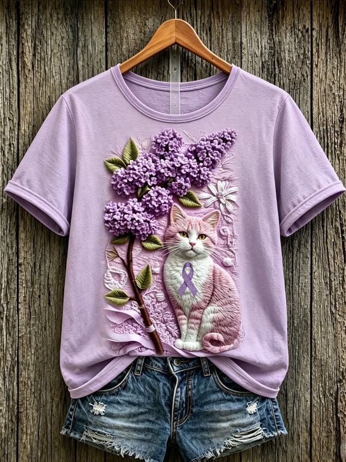 Women's Purple Floral Cat-Print T-Shirt