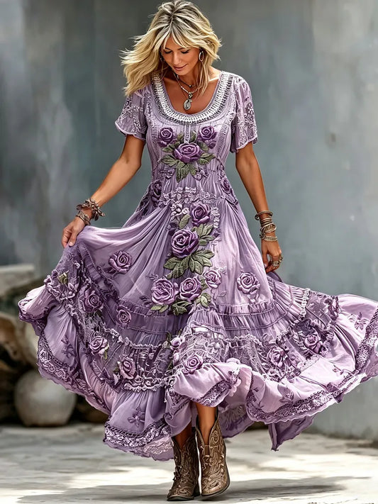 Women's Vintage Boho Purple Rose Embroidered Art Crew Neck Short Sleeve Maxi Dress