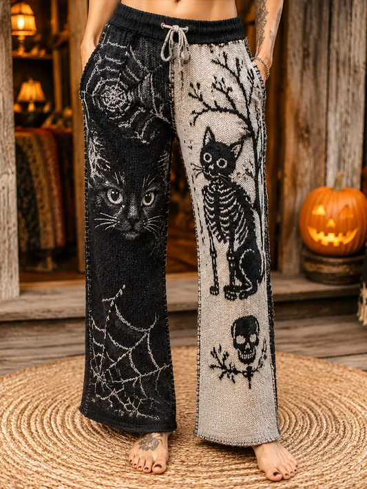 Women's Gothic Split-leg Knit Pants With Cat Face, Skeleton, And Spider Web Pattern