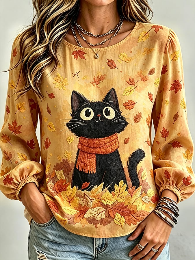 Women'S Casual Autumn Cat-Print Top