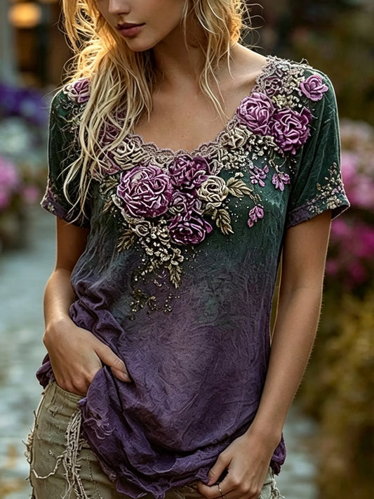 Women's Retro Bohemian Rose Floral Embroidery Print Short-sleeve Top