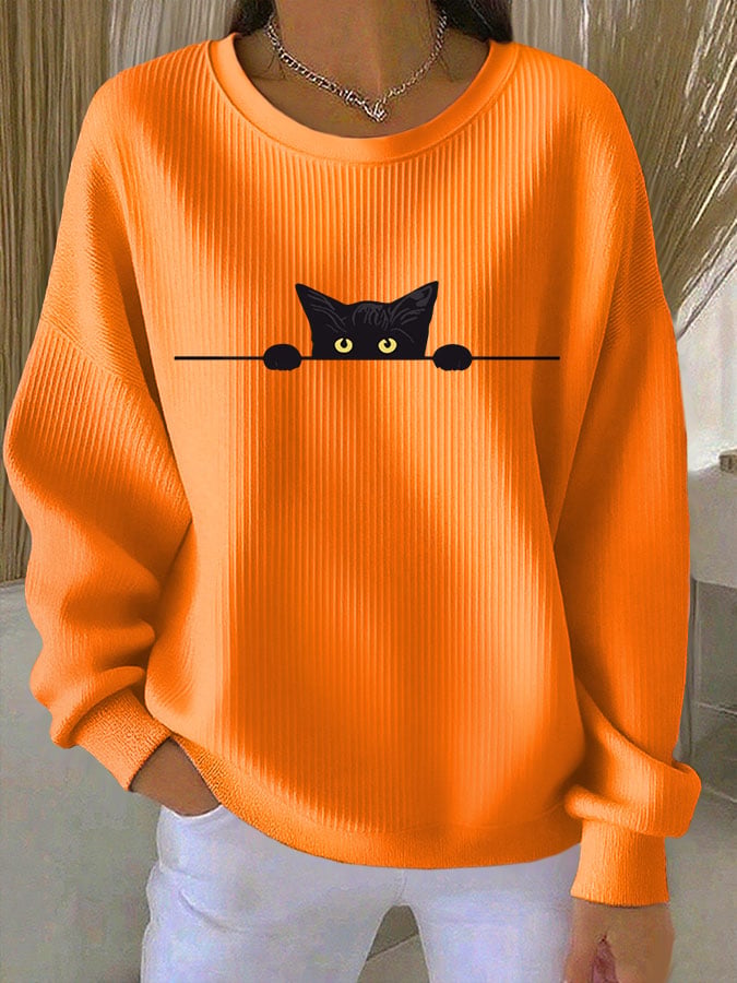 Women's Cat Print Knit Crew Neck Long Sleeve Top