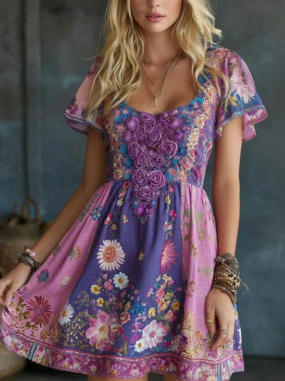 Women's Retro Floral Art Embroidery Cotton Linen Round Neck Dress