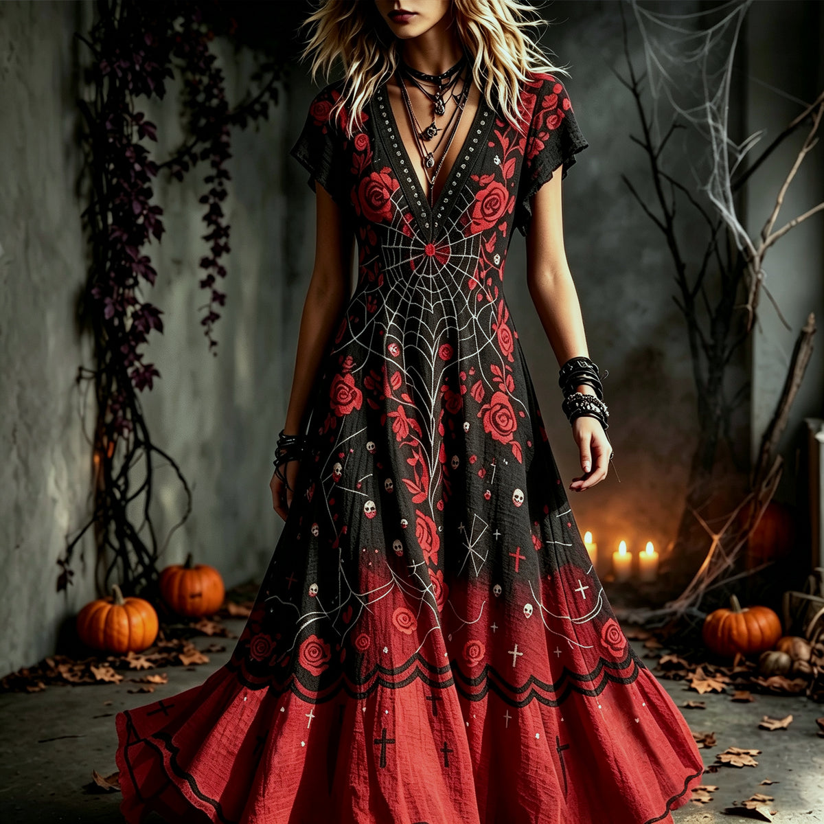 Women's Vintage Halloween Rose And Spiderweb Art V-neck Short Sleeve Maxi Dress
