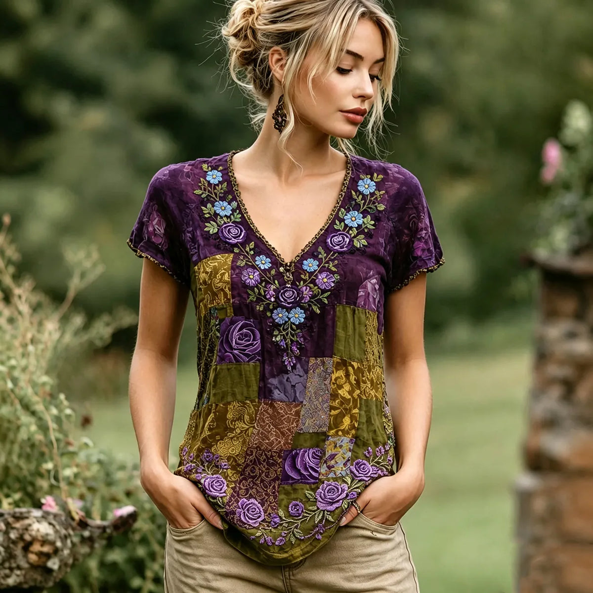 Women's Vintage Rose And Forget-me-not Floral Pattern Casual Cotton Linen V-neck T-shirt