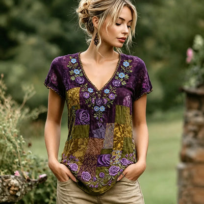 Women's Vintage Rose And Forget-me-not Floral Pattern Casual Cotton Linen V-neck T-shirt