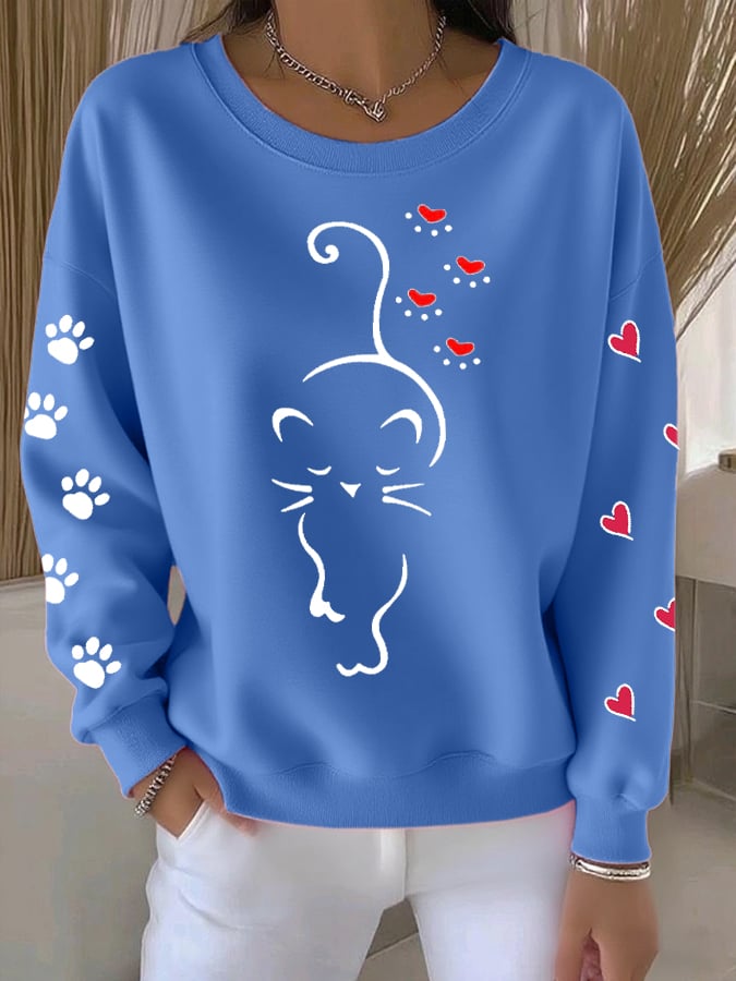 Women's Retro Animal Cat Paw Print Round Neck Sweatshirt