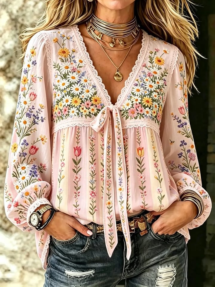 Women's Casual Breast Cancer Floral Print T-Shirt