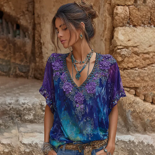 Women's Retro Purple Floral Embroidery Pattern Casual V-neck T-shirt
