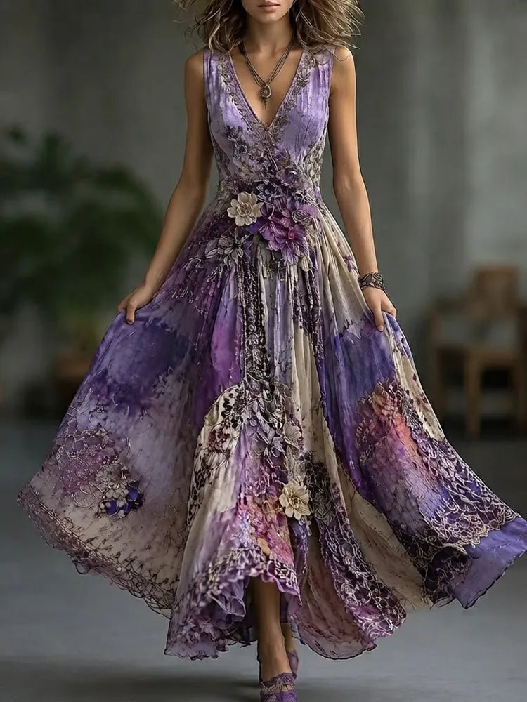 Women's Boho Purple Tie-dye Floral Lace Heavy Embroidered Maxi Dress