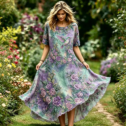 Women's Retro Gradient Floral Hummingbird Pattern Linen Blend Casual Long Dress