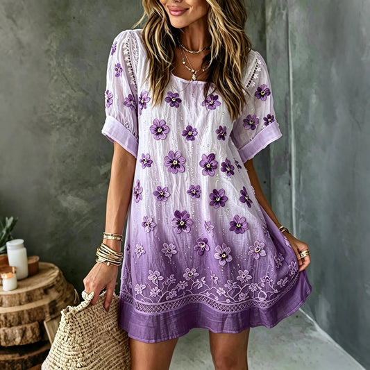 Women's Purple Pansy Print Alzheimer's Awareness Casual  Mini Dress